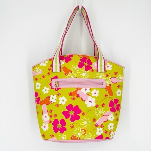 Lilly Pulitzer Vintage Pink/Lime Green Floral Flipflop Print Canvas Tote Bag - Picture 4 of 12